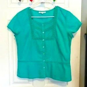 JM COLLECTION Women's Green Dotted Swss Blouse Capped Sleeves   Size  14